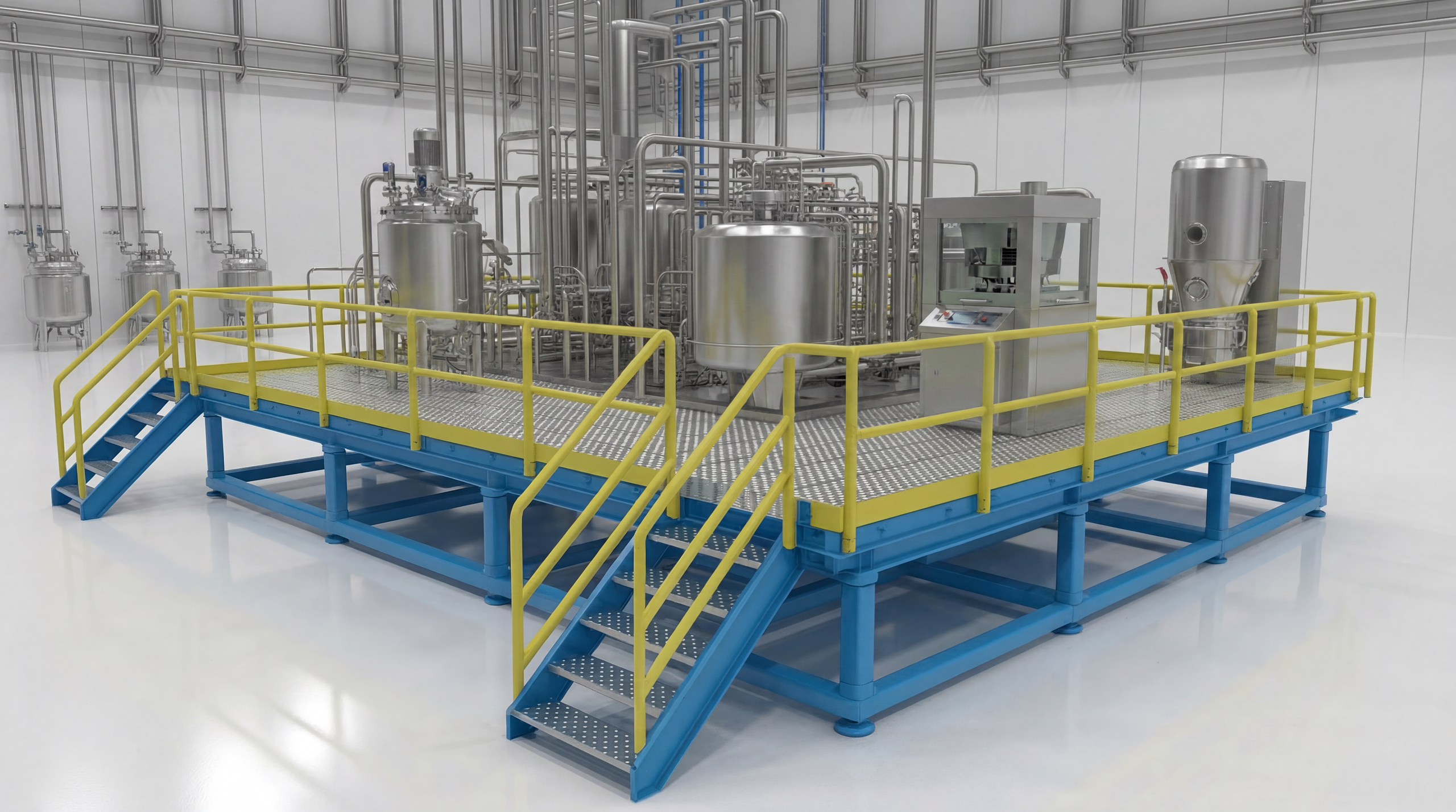 Pharmaceutical platform with blue frame, yellow guardrails, and stainless-steel equipment
